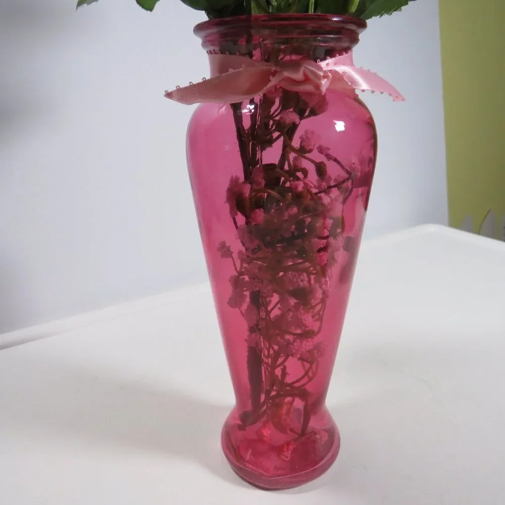 Pink Glass Vase with Warm Pink Faux Roses & Baby's Breath Silk Flowers